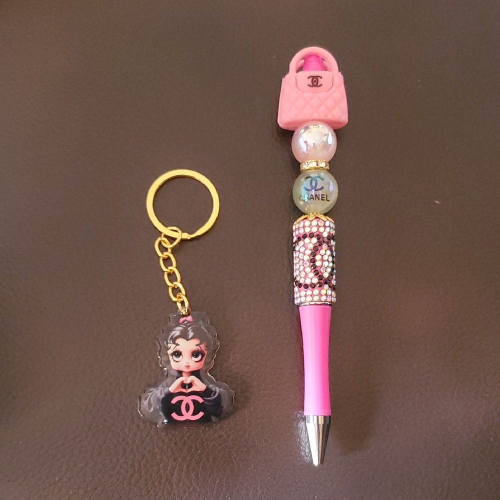 Pink and Gold Charm Pen with Keychain